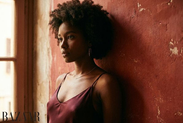 Amara Reign — intimate portrait in wine-colored slip dress